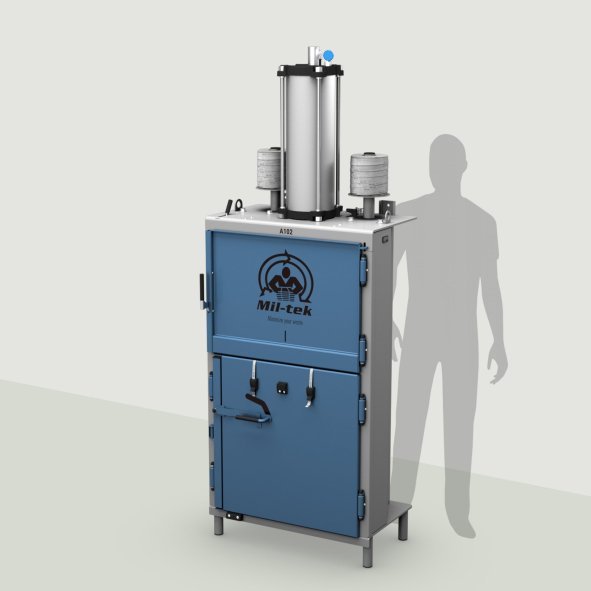 A102-2026-kartonpers-kunststofpers-blauw-machine-grijze achtergrond