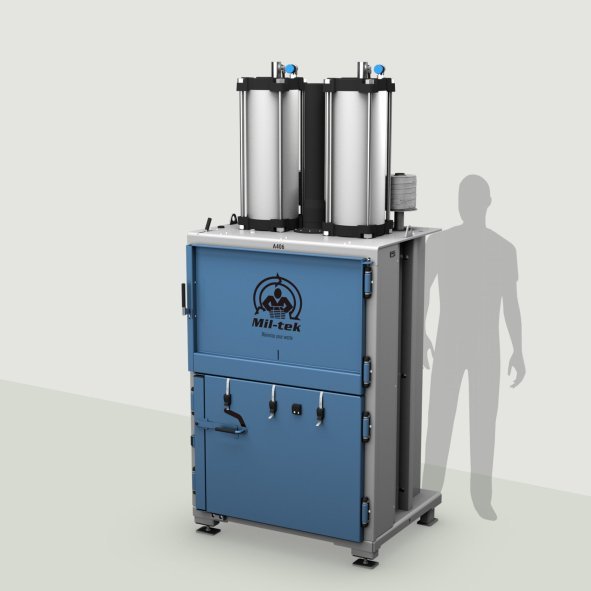 A406-2026-kartonpers-kunststofpers-blauw-machine-grijze achtergrond-Mil-tek-Belgium