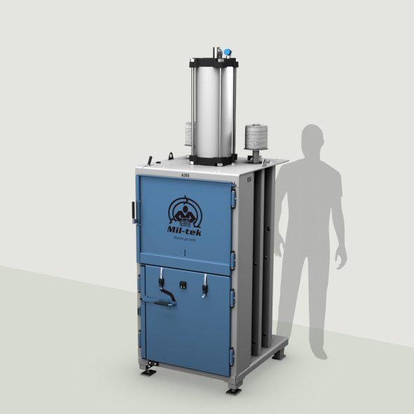 A305-2026-kartonpers-kunststofpers-blauw-machine-grijze achtergrond-Mil-tek-Belgium