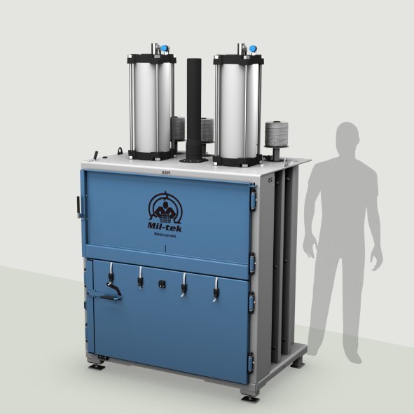 A509-2026-kartonpers-kunststofpers-blauw-machine-grijze achtergrond-Mil-tek-Belgium